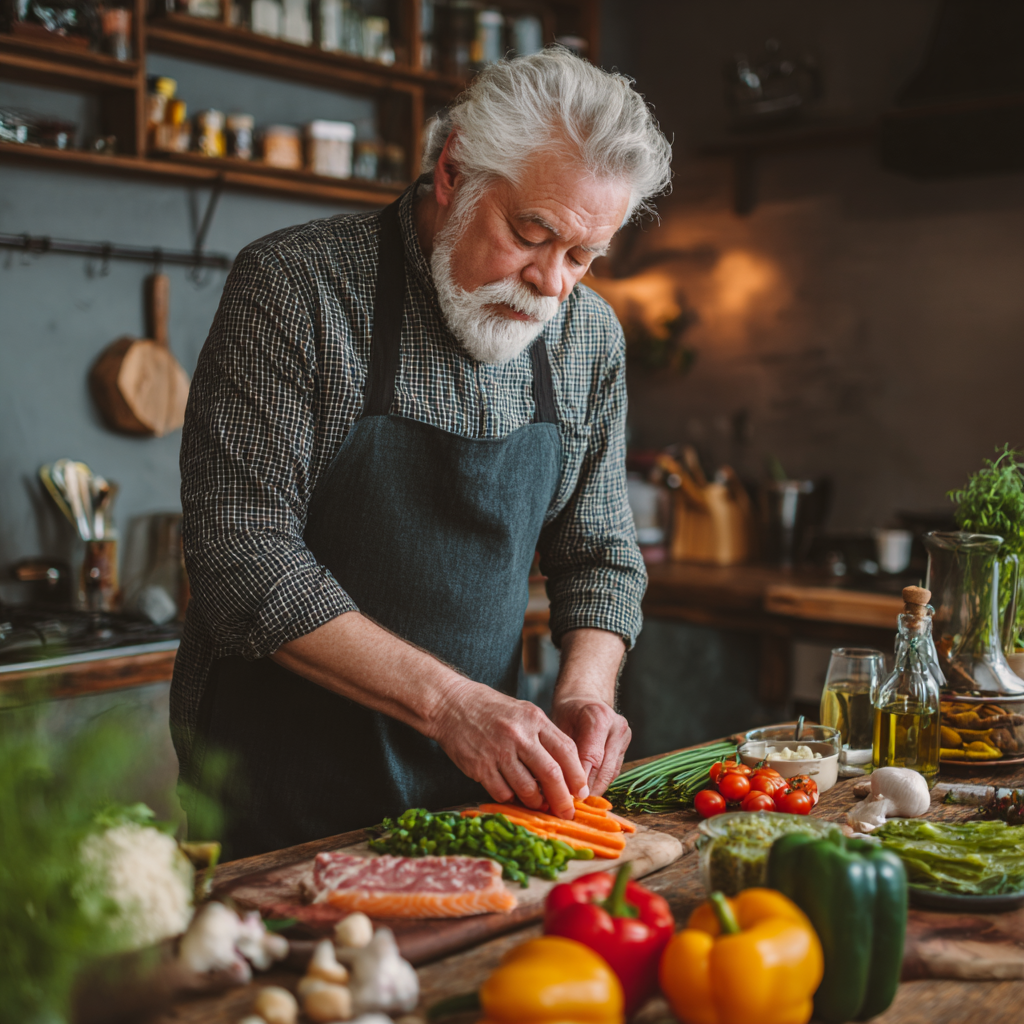 Group of three smiling Ukrainian adults of different ages sitting together at healthy meal table with colorful fresh vegetables and fruits, warm natural lighting